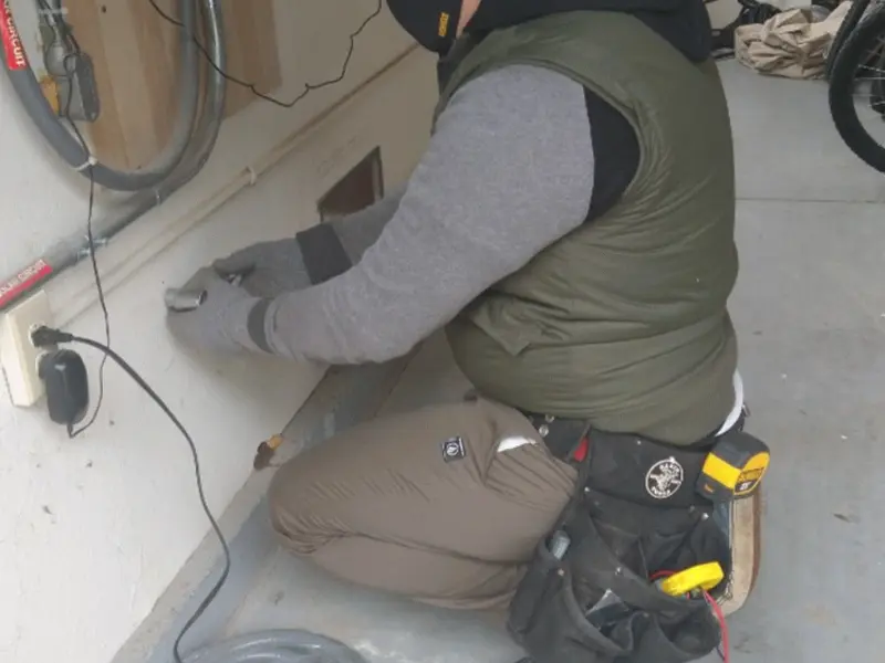 Electrician performing outlet wiring in a Romulus garage